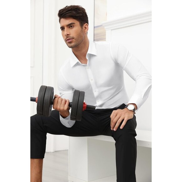 Men All White Long Sleeve Slim Muscle Fit Wrinkle Free Button Down Dress Shirts - Picture 7 of 9